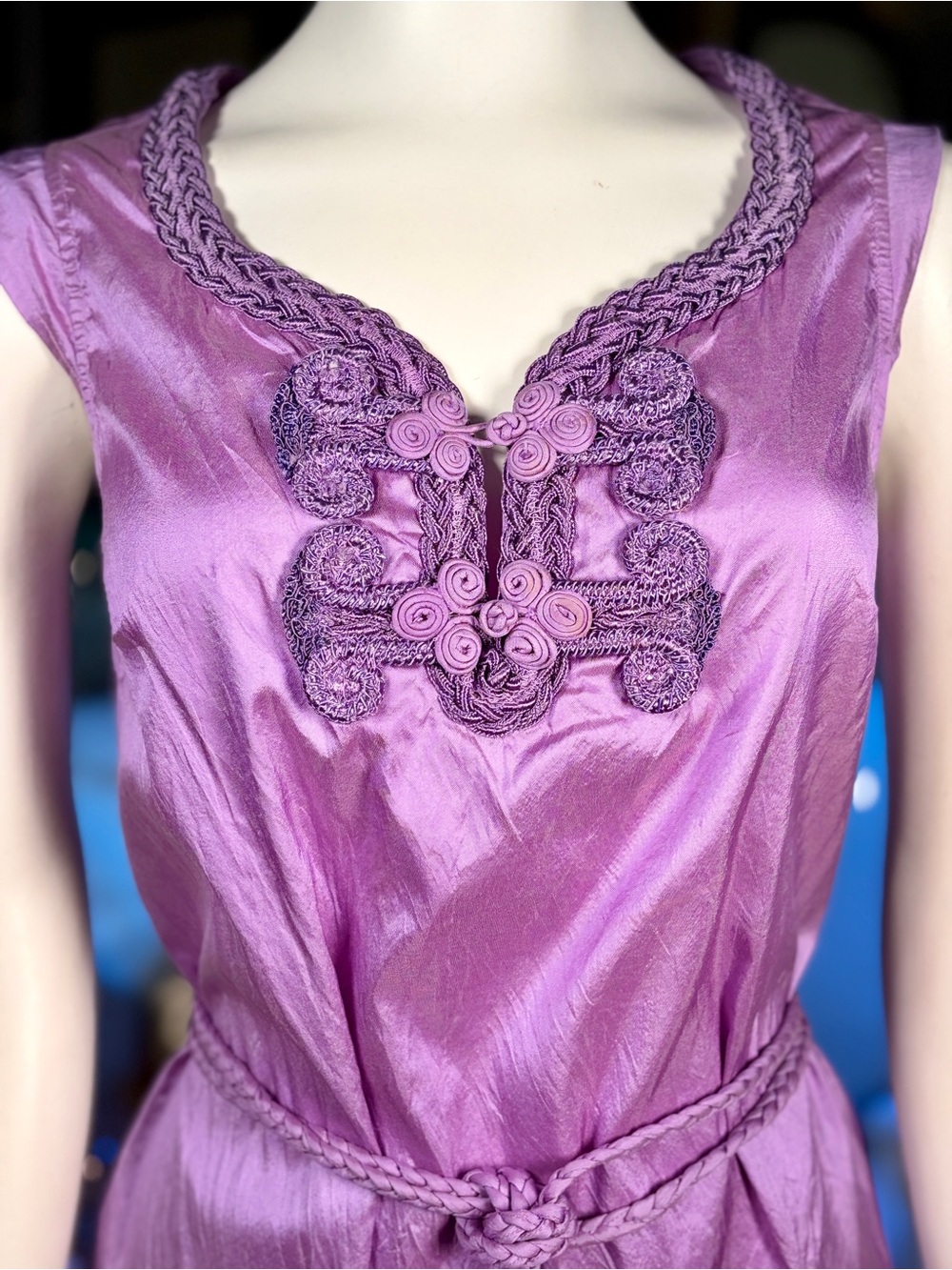 Calypso St. Barth Lilac 100% Silk Cap Sleeve Frog Clasp Front Belted Dress, Sz S - Picture 2 of 14